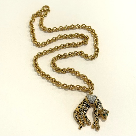 Vintage Jackie Collin’s Rhinestone Panther Necklace Gold Tone Chain Link - Picture 1 of 9
